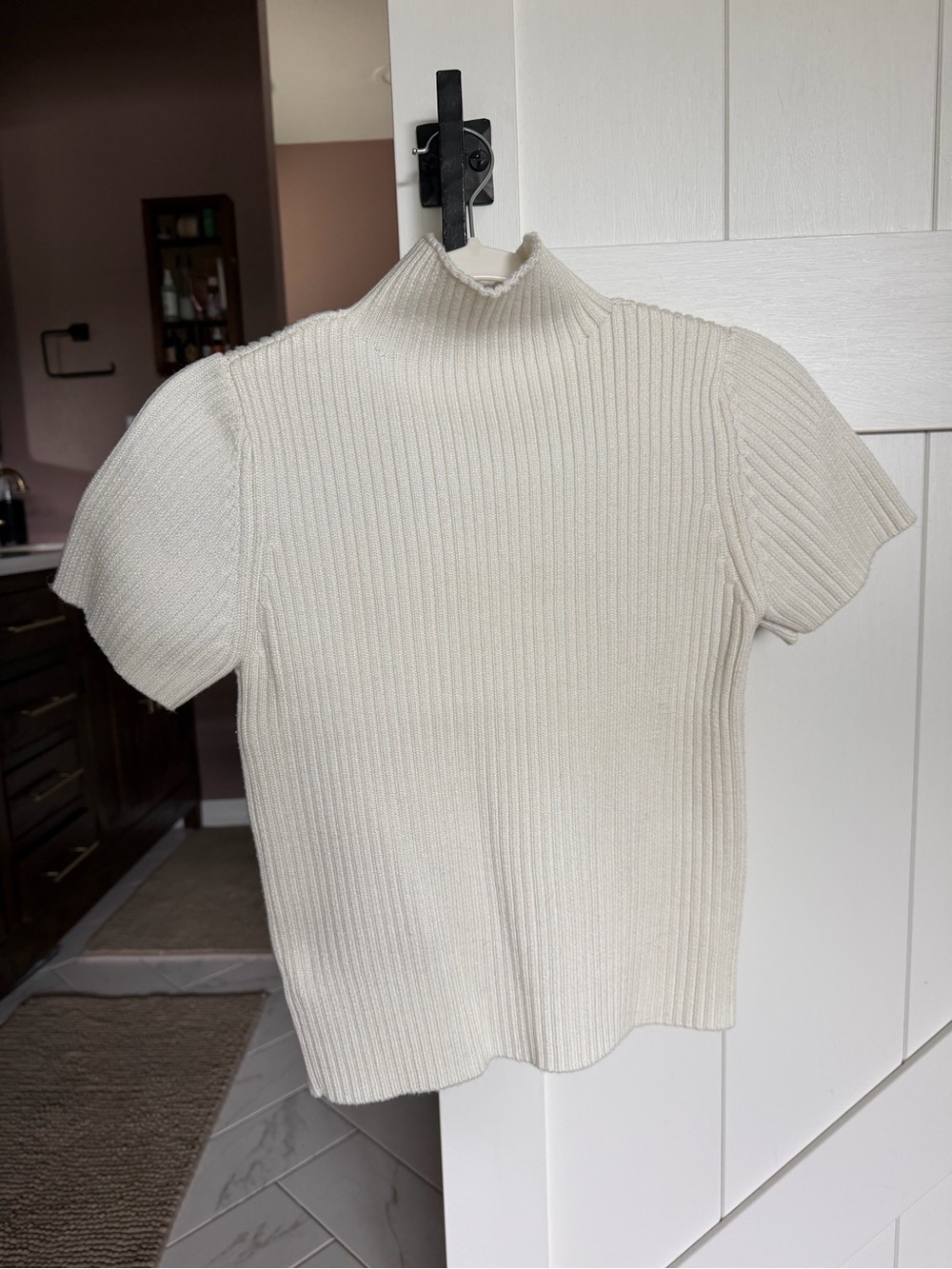 Commense Women's Cream Ribbed Short-Sleeve Mock Neck Top and Skirt